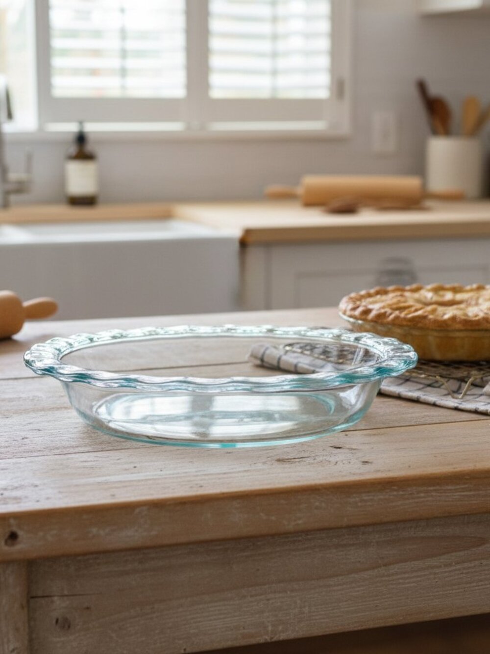 Vintage Pyrex 9.5” Round Fluted Pie Plate |  Retro Clear Glass Green Tint |  USA